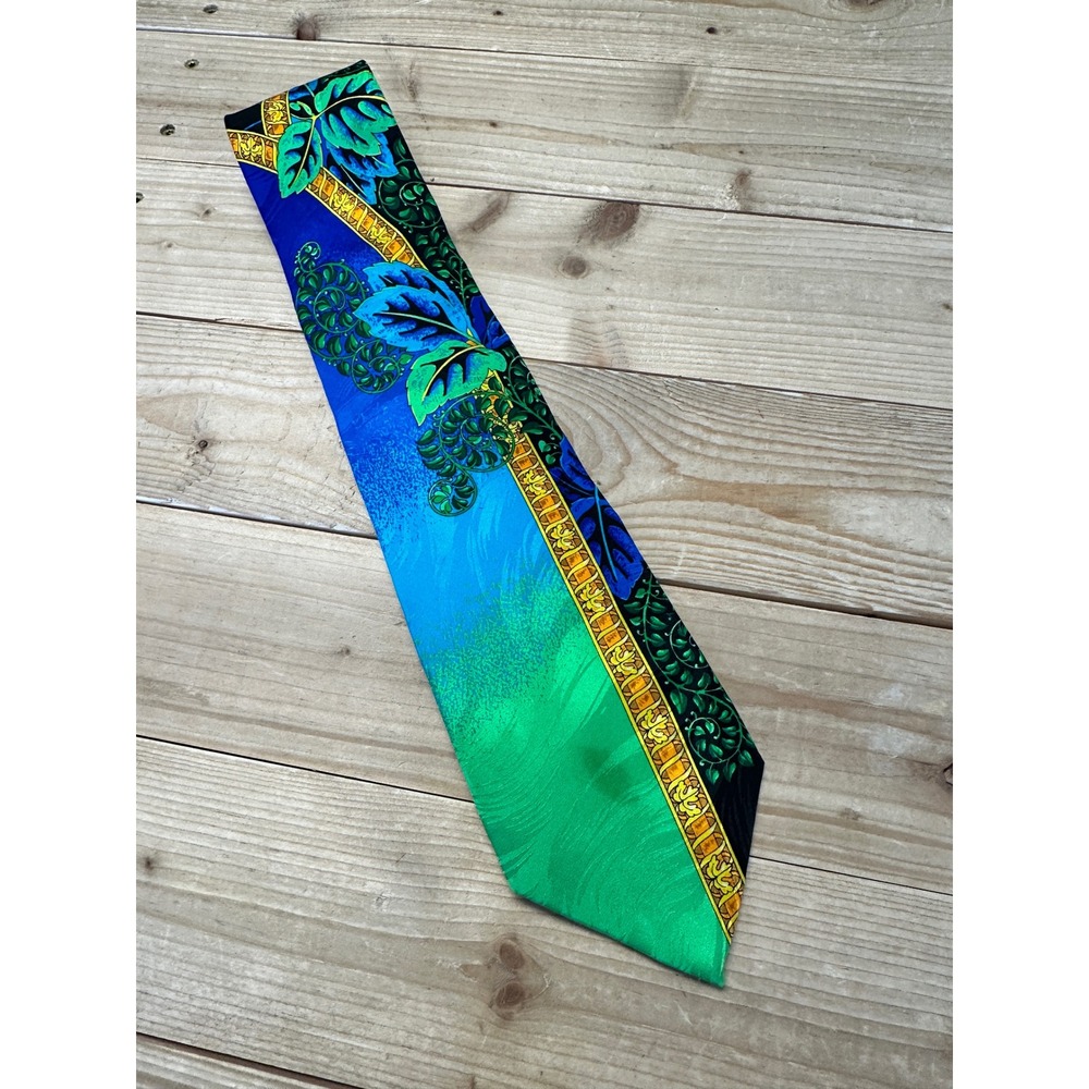 Rush Limbaugh No Boundaries Silk Tie Blue Green Tropical Leaf Gold Scrollwork